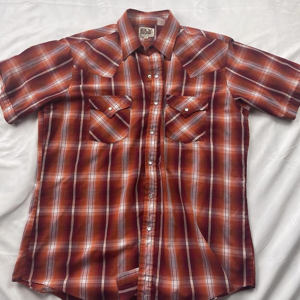 Vintage Ely Cattleman Short Sleep Snap Button Collared Shirt MOP Button L Large